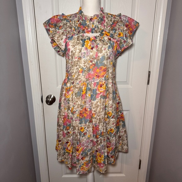 Sea New York Ines Floral Ruffle Smock Yoke Ramie Shift Dress